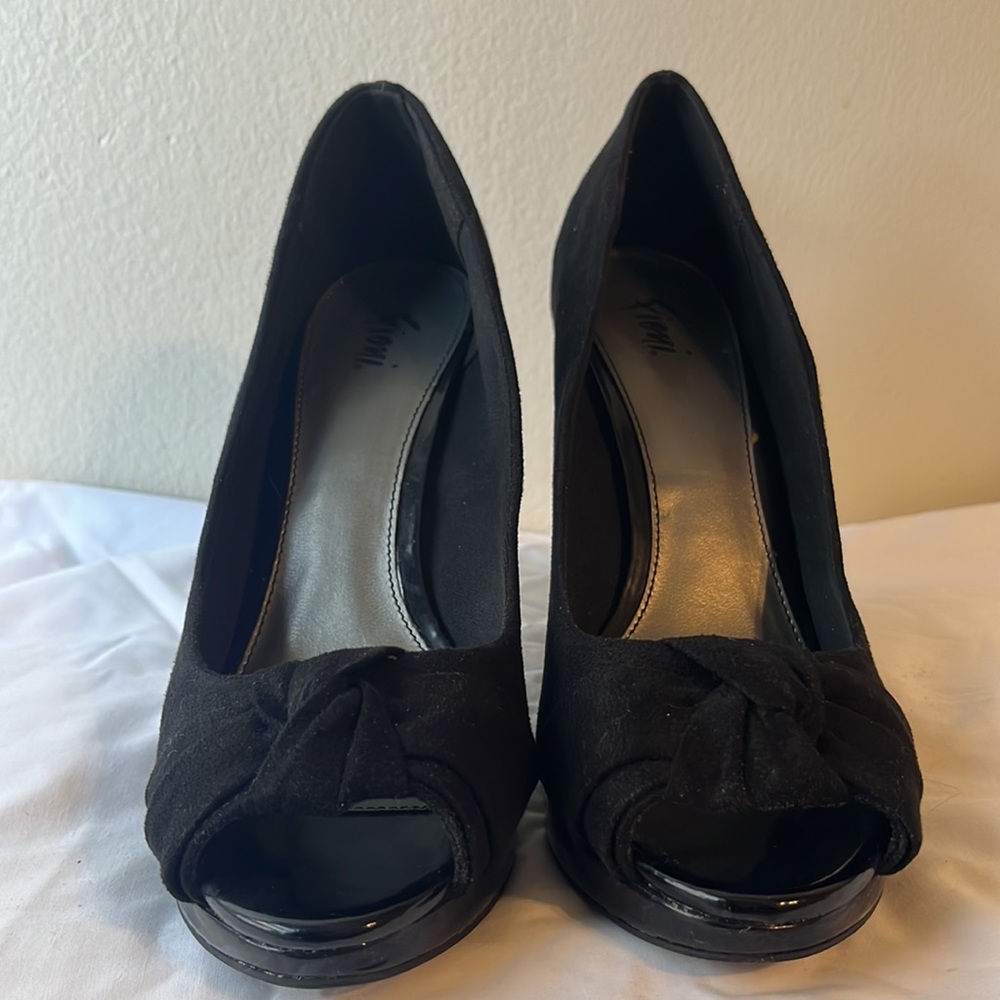 Black 4 inch heel peep toe pumps, size 8.5, with shoe box, worn a couple times